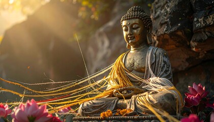 Obraz premium Serene Buddha statue, bathed in sunlight, adorned with flowers and offerings