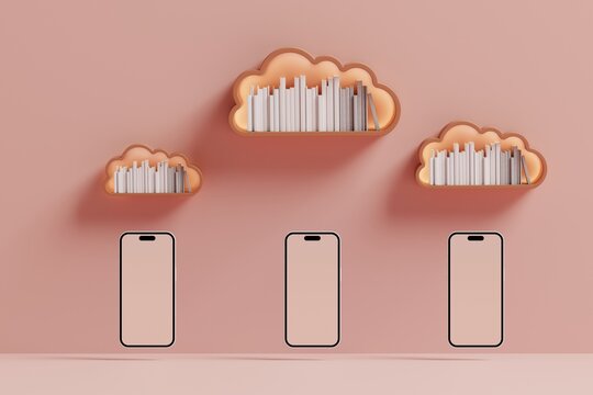 Three cloud shaped bookshelves with books above three smartphone mocku