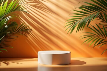 A minimalist white cylindrical podium stands on a warm orange surface bathed in dramatic sunlight casting palm leaf shadows on the wall behind it