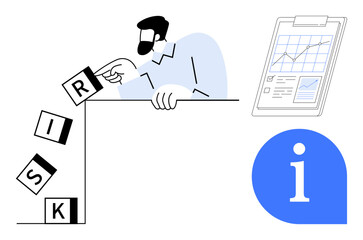 Man carefully managing falling blocks labeled RISK, clipboard with graphs, and blue info icon. Ideal for risk assessment, management, decision-making, leadership, analytics, security simple flat