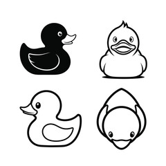 A collection of four rubber duck icons from different perspectives, symbolizing nostalgic childhood bath time fun and play