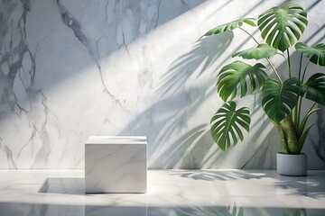 Minimalist modern product display pedestal bathed in dramatic sunlight casting shadows against a luxurious marble wall with lush green monstera plant