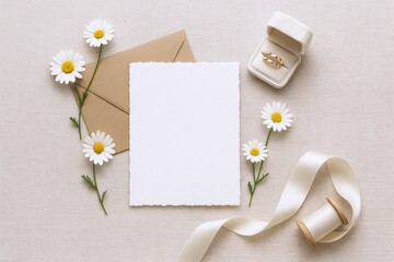 Elegant Wedding Invitation Mockup with Daisies, Ring, and Ribbon on Neutral Background