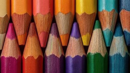 Macro Image of Colorful Pencils Arranged in a Row, Representing Art Education and Creative Expression