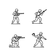 Four Soldiers in Action Poses Linear Icons Set