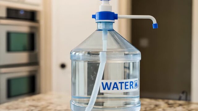 A clear plastic water jug with a blue and white pump, labeled "WATER," sitting on a surface