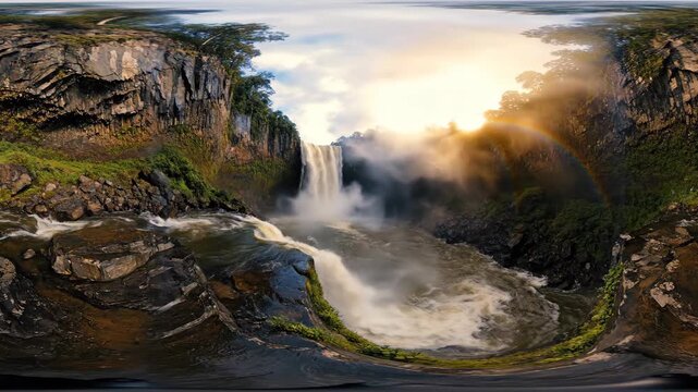 Breathtaking 360 degree panoramic view of a majestic waterfall at sunrise.