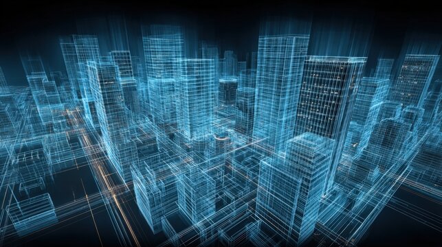 Abstract Digital Cityscape Visualization: Futuristic Urban Planning and Architectural Design with Blue Wireframe Buildings