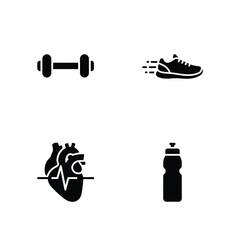Fitness Icons Dumbbell, Running Shoe, Heart, and Water Bottle - Exercise and Health Symbols