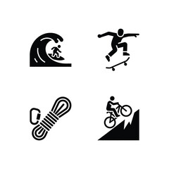 Set of four icons representing extreme sports and outdoor adventure activities including surfing, skateboarding, rock climbing, and mountain biking, ideal for web or print