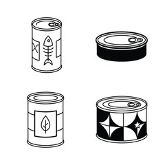 Variety of stylized food cans Featuring a fish, a leaf, and abstract designs. A collection in outline