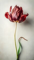 A single wilting dark red tulip with delicate petals and a curved stem stands against a neutral textured background in a studio setting