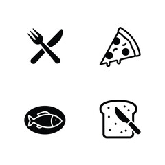 Simple culinary icons for eating and dining concepts. A black and white set showing cutlery, pizza, cooked fish, and breakfast toast