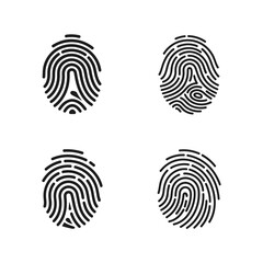 A diverse collection of unique human fingerprint patterns used for biometric security systems, identity verification, and forensic concepts. Isolated black vector line icons