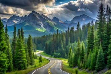 Scenic winding mountain road through a lush green pine forest with dramatic stormy clouds over majestic snow capped peaks
