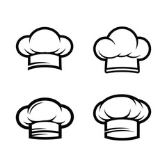 Set of four stylized chef hat icons, black and white line art representing culinary professionals and kitchen attire