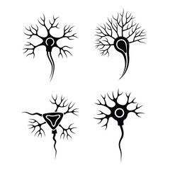Isolated collection of four stylized black neuron icons, a graphic concept for biology and artificial intelligence