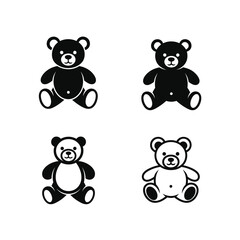 Collection of four simple, classic teddy bear icons in black and white for design and illustration purposes