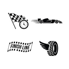 A collection of monochrome vector icons representing motorsports and auto racing concepts like speed, competition, and victory