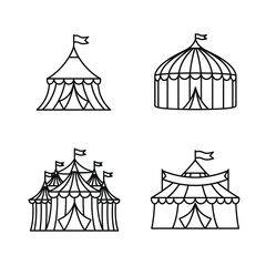 Collection of hand-drawn circus tents and marquees, depicting traditional entertainment venues