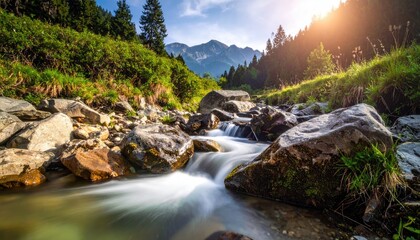 Mountain Stream Flowing Through Rocks and Greenery Under Sunlight