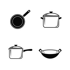 A set of four black and white kitchen utensil icons, featuring a frying pan, stockpot, saucepan, and wok for culinary design projects