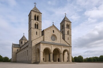 Fototapeta premium Exterior View of a Grand Basilica with Towers, Arches, and Religious Symbolism Under a Cloudy Sky