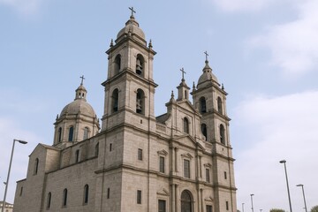 Obraz premium Impressive Stone Church with Towers and Dome Against a Clear Sky in a Historic European City