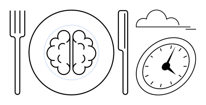 Brain placed on a plate with fork and knife, clock, and cloud symbolizing mindful eating, time-bound habits, focus, discipline, wellness, productivity, mental health awareness simple flat metaphor