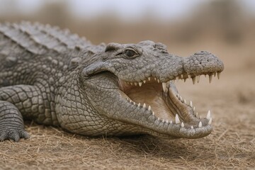 Fototapeta premium Majestic Crocodile Portrait with Open Mouth Displaying Sharp Teeth, Revealing Nature's Ferocious Predator on Dry Land