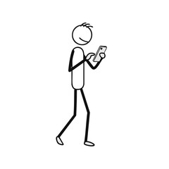 A simple stick figure walks while engrossed in their smartphone, representing modern communication and mobile technology use.