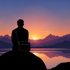 Silhouette of a person with a bag, sitting on a rock, watching the sunset over mountains and water.
