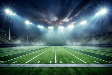 Dramatic nighttime american football stadium with bright spotlights illuminating the green field and smoky atmosphere creating an intense and exciting atmosphere for game day