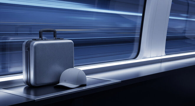 A sleek metallic briefcase on a platform as a high-speed train blurs past, a dynamic concept for business travel, efficiency, and modern mobility