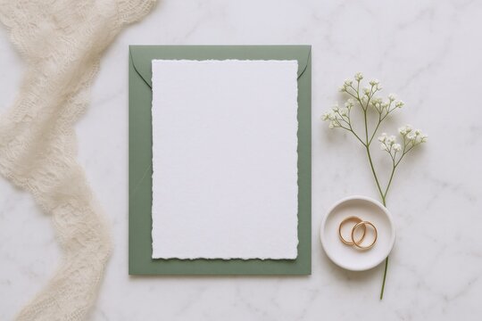 Elegant Wedding Stationery Mockup with Green Envelope, Rings, and Baby's Breath on Marble Background