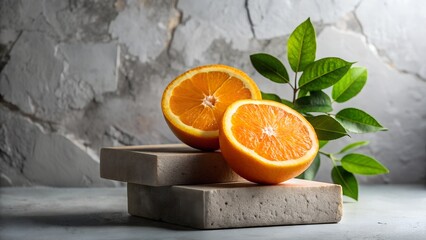 Freshly sliced oranges with green leaves and textured background still life arrangement for healthy food and refreshment concepts