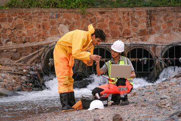 Two environmental field workers in protective gear conduct a water pollution inspection at a drainage outlet, collecting samples and analyzing data for contamination levels.
