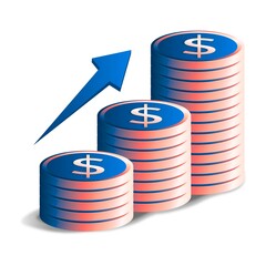 Three Stacks of Blue and Red Coins with Dollar Signs and Blue Ascending Arrow money finance