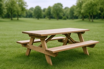 Naklejka premium Picnic Table in a Lush Green Park: Ideal for Outdoor Dining and Family Gatherings