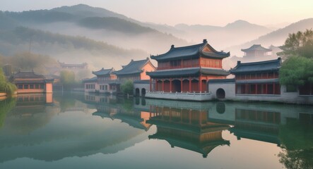 Tranquil morning mist over traditional Chinese architecture reflected in serene lake with lush mountains in the background