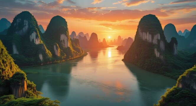 Serene Sunset Over Lush Mountains and Tranquil Waterway in a Scenic Landscape of Southeast Asia