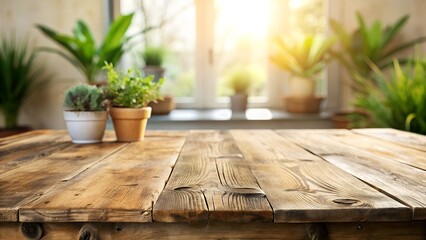 Rustic wooden table with potted plants and soft sunlight filtering through a window creating a warm inviting atmosphere for home decor or garden themes