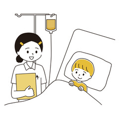 点滴中の子どもと看護師のイラスト