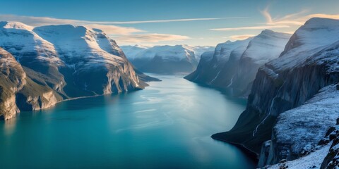 Majestic fjord landscape with snow-capped mountains and tranquil blue waters under a clear sky at dawn near the coastline