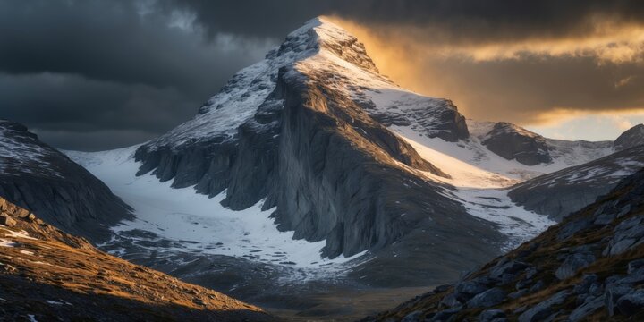 Majestic Mountain Peak Glowing at Sunset with Dramatic Clouds and Snow-Capped Terrain in a Remote Wilderness Landscape
