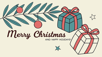 Merry christmas and happy holidays card with gifts and ornaments on a branch in a vintage style