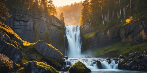 Majestic waterfall surrounded by lush greenery and rocky cliffs under a golden sunrise in a serene natural landscape