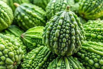 Close up of a pile of fresh bumpy green bitter melon vegetables with a shallow depth of field highlighting the unique texture and vibrant color of the produce