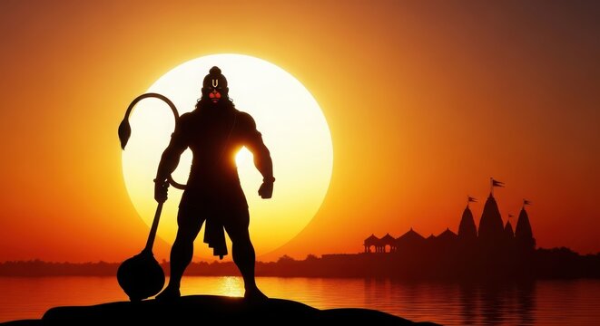 Silhouette of lord hanuman standing against a vibrant sunset with a temple