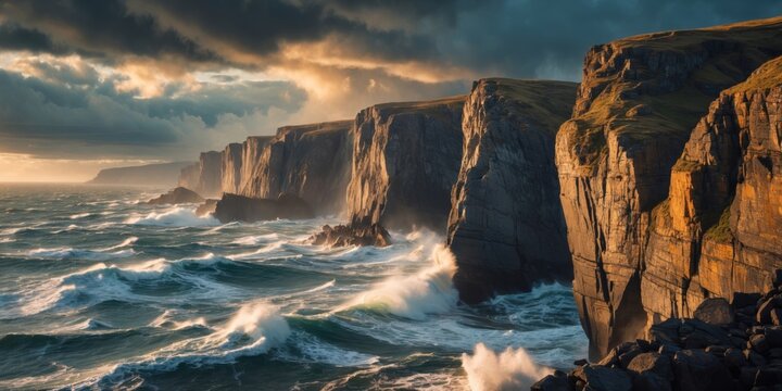 Majestic cliffs under dramatic sky with crashing waves along coastline during sunset in a breathtaking natural landscape